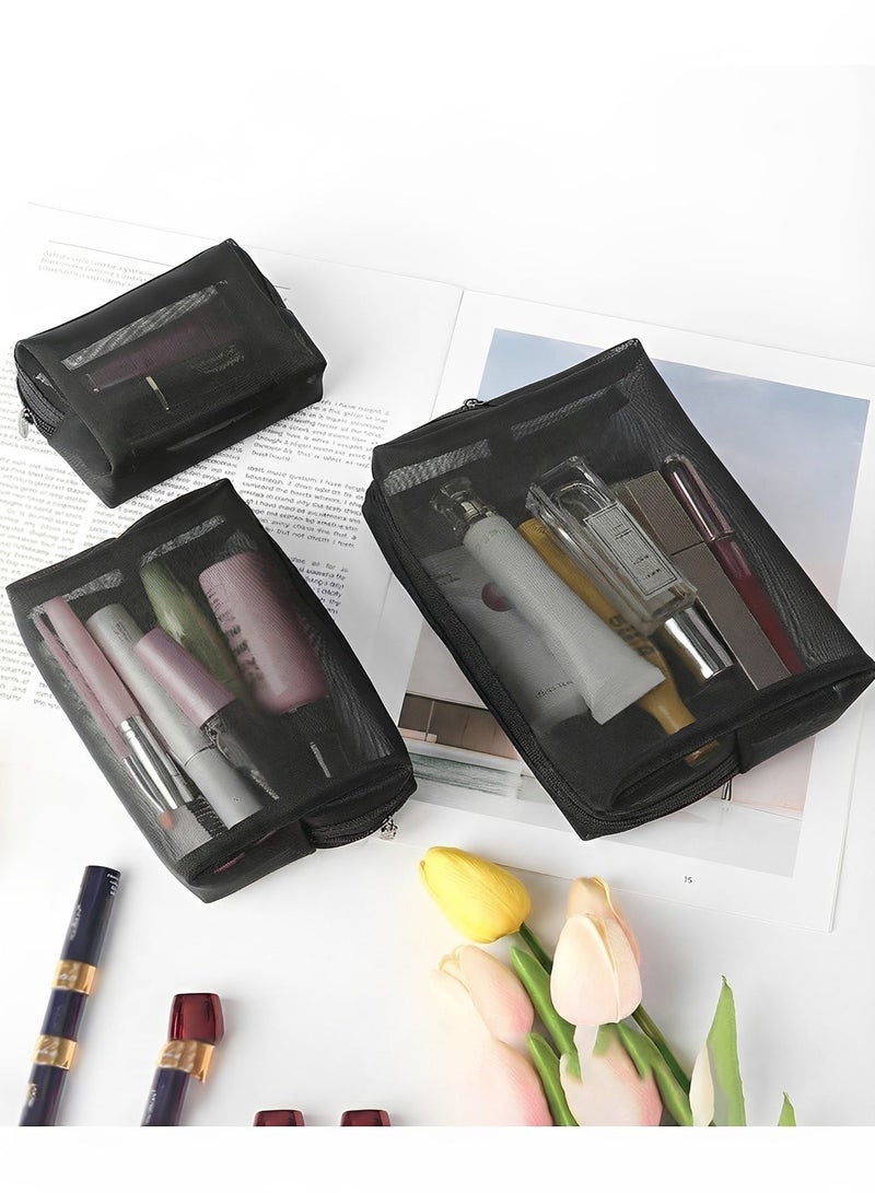 BELANO Mesh Cosmetic Bag Set Zippered, Makeup Organizer Pouch Breathable, Travel Toiletry Storage Bags Black 3 Pieces - Image 4