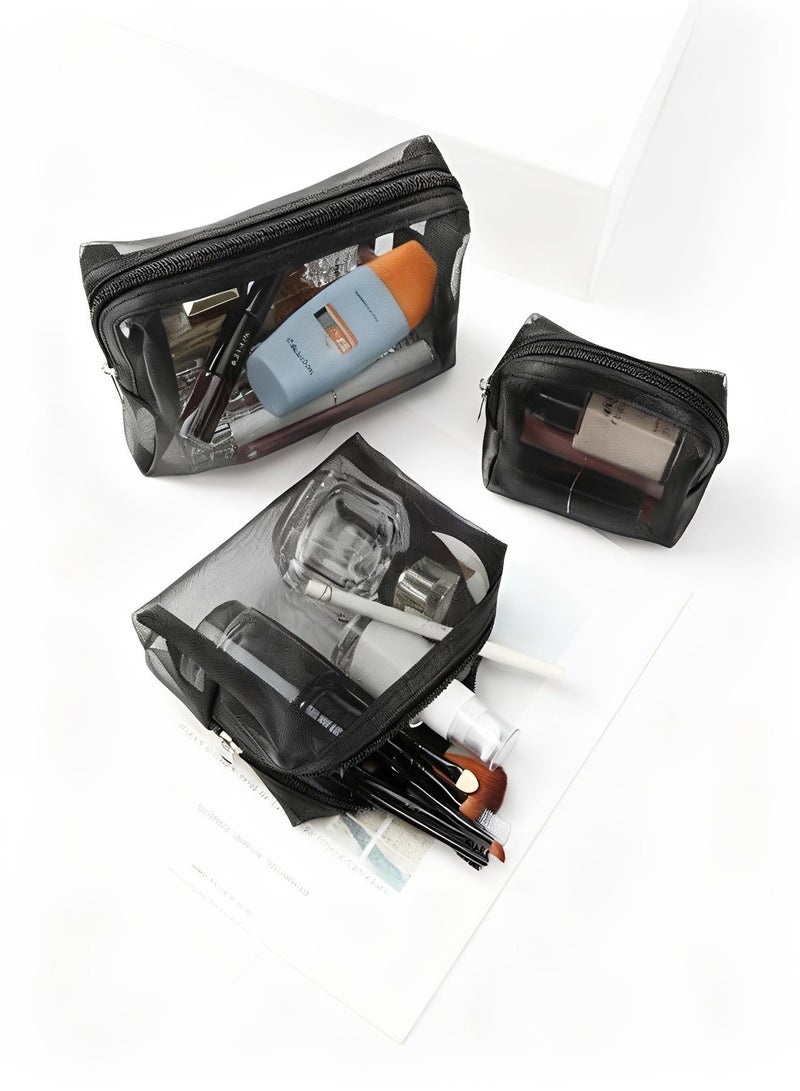 BELANO Mesh Cosmetic Bag Set Zippered, Makeup Organizer Pouch Breathable, Travel Toiletry Storage Bags Black 3 Pieces - Image 2