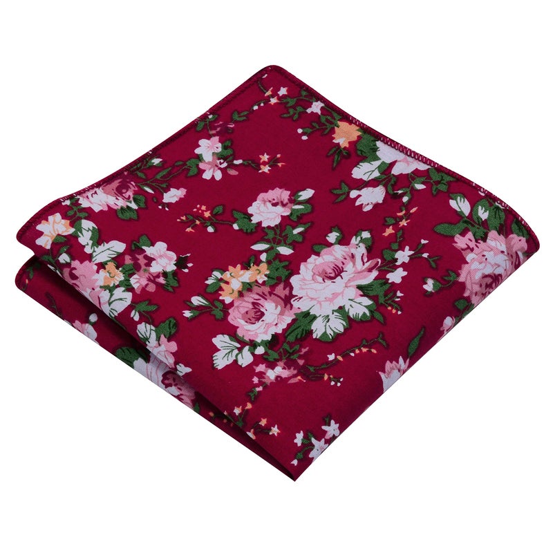 GUSLESON Mens Burgundy Tie Floral Cotton Ties for Men Slim Skinny Necktie and Pocket Square Clip Sets (0941-02) - Image 4