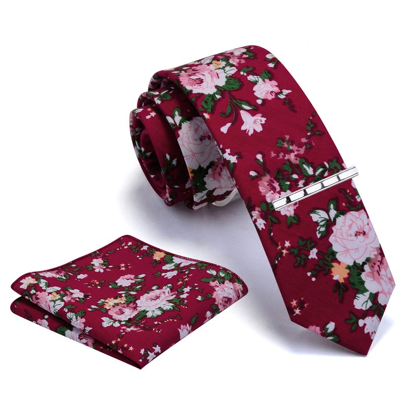 GUSLESON Mens Burgundy Tie Floral Cotton Ties for Men Slim Skinny Necktie and Pocket Square Clip Sets (0941-02) - Image 1