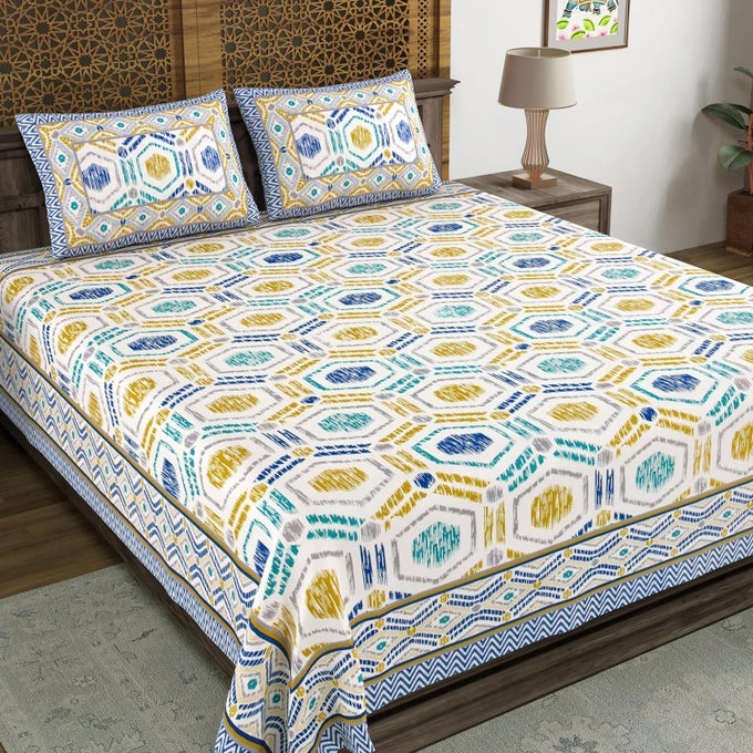 HAND BLOCK PRINT COTTON KING SIZE BEDSHEET 90 X 108 INCH BLUE IKAT