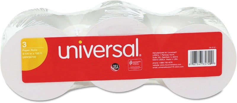UNIVERSAL 35720 آلة إضافة / لفة آلة حاسبة، 16 رطل، 1/2" نواة، 2-1/4" × 150 قدم، أبيض (عبوة من 3) (UNV35720) - Image 1