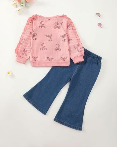 SODLON 3T Girl Clothes Toddler Girls Clothes 4T Winter Outfits Ruffle Pink Pullover Bow Sweatshirt Jeans Flared Denim Pants Fall Spring Sweater 3-4 Years Old Clothing - Image 3