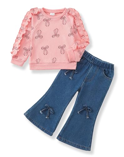 SODLON 3T Girl Clothes Toddler Girls Clothes 4T Winter Outfits Ruffle Pink Pullover Bow Sweatshirt Jeans Flared Denim Pants Fall Spring Sweater 3-4 Years Old Clothing - Image 1