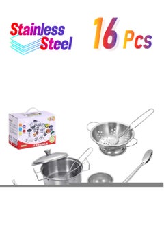 Bluejw Kitchenware Cookware Cooking Toys 16 Pcs Stainless Steel Pretend Play Kitchen Toys Mini Model Children Kids Pot Pan  - Image 1