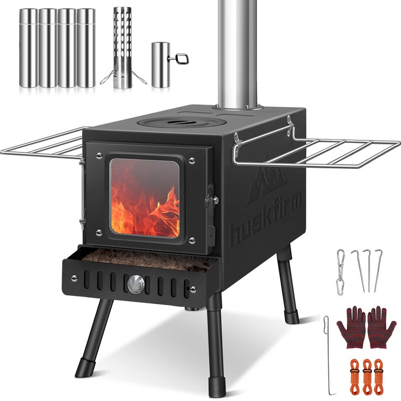 Huskfirm Wood Burning StoveTent Stove for HeatingFolding Portable Wood Stove for TentCookingCourtyardCamping Stove include Chimney Pipes and Spark Arrestor BlackLOGO