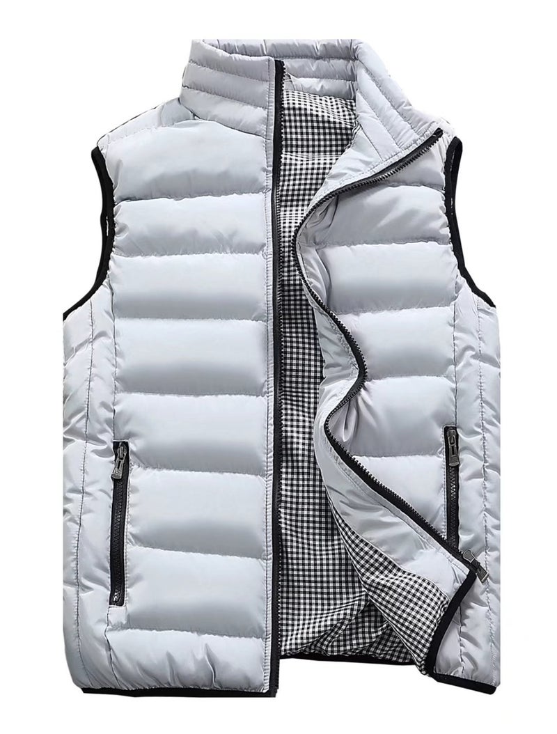 Vcansion Men's Outdoor Casual Stand Collar Vest Padded Jacket Coat Vest White Grey L - Image 1