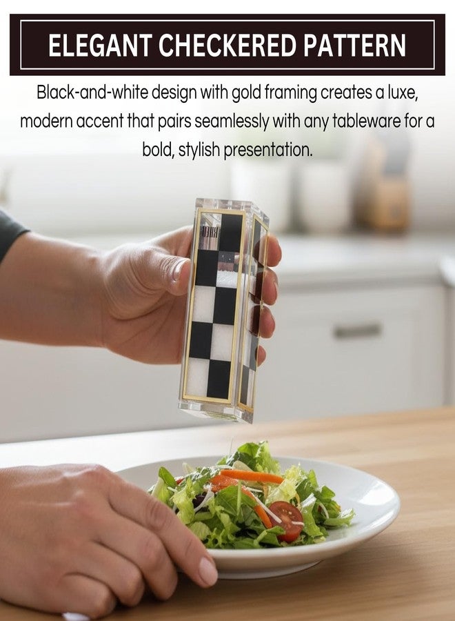 Khen Black and White Checkered Salt and Pepper Shakers Set - Luxurious Lucite Acrylic Square Design - Modern 2.4" x 3.5" Refillable Dispensers - Elegant Kitchen Decor, Dining Table Unique Housewarming Gift - Image 3