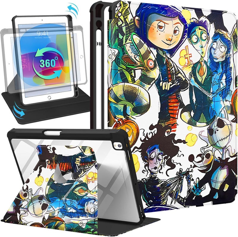 Besoar for iPad 9th/8th/7th Generation 10.2 inch Case Cute Cartoon Kawaii for Girls Kids Girly Women Design Covers,360 Degree Rotating Folio Stand Pencil Holder for Apple i Pad 9/8/7 Gen,Skeleton CP - Image 1