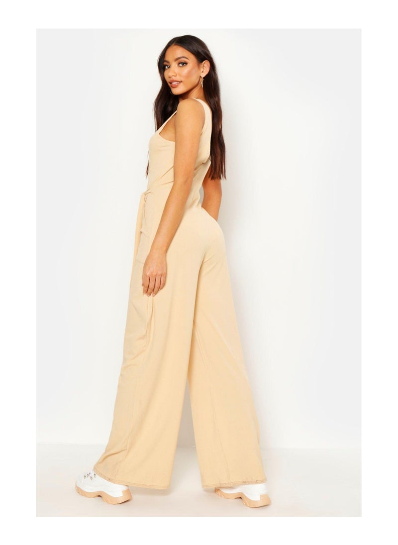 boohoo - Horn Button Ribbed Tie Belt Pocket Jumpsuit - Image 1