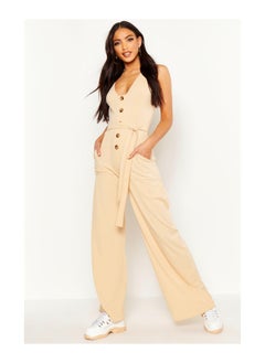 Horn Button Ribbed Tie Belt Pocket Jumpsuit