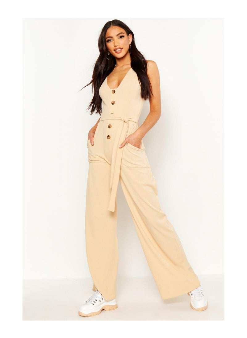 boohoo - Horn Button Ribbed Tie Belt Pocket Jumpsuit - Image 1