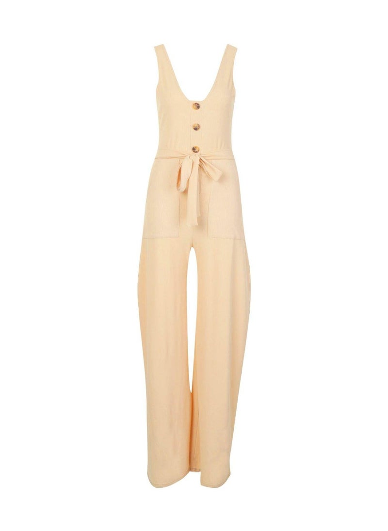 boohoo - Horn Button Ribbed Tie Belt Pocket Jumpsuit - Image 1