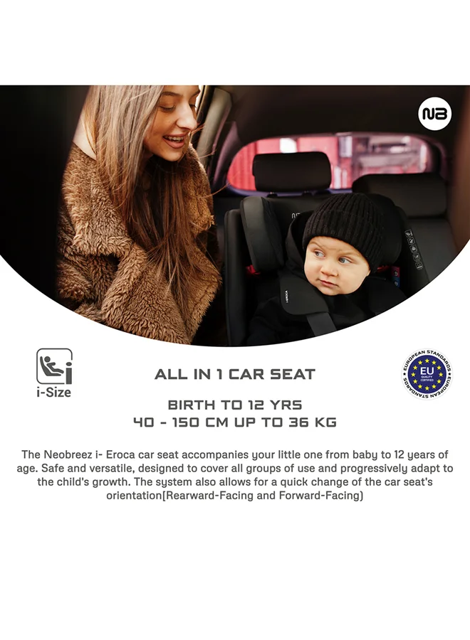neobreez I-EROCA All-In-One Convertible Travel Baby Toddler Kids Child Boys Girls Car Seat, I-Size ECER129, Recline&Adjustable, Memory Foam, Injection Mold, Forward&Rear Facing, 0-36 Kg, 0-12Yrs, Group 0/1/2/3