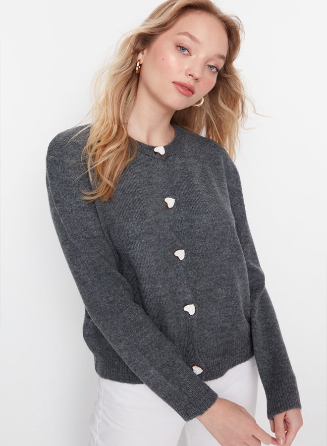 trendyol Soft Textured Anthracite Knitwear Cardigan - Jewel Buttoned, Jacket Look - Image 5