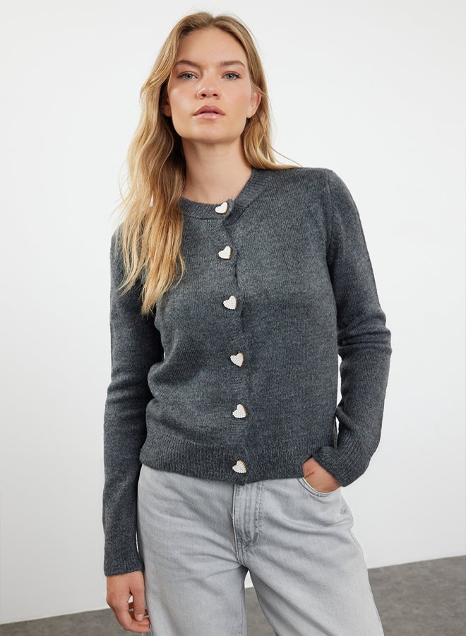 trendyol Soft Textured Anthracite Knitwear Cardigan - Jewel Buttoned, Jacket Look - Image 2