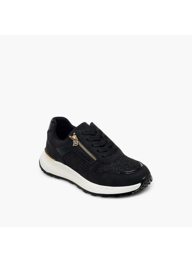 Flora Bella By Shoexpress Women's Glitter Panelled Sneakers with Lace-Up Closure
