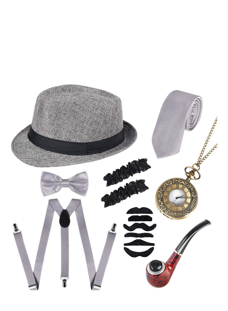 Y&D 14 Pieces 1920s Men Costume Accessories Set Roaring Retro Gangster Costume, Hat, Bow Tie, Pocket Watch, Suspender, Glasses, Beard, Armband Garters, Watch - Image 1