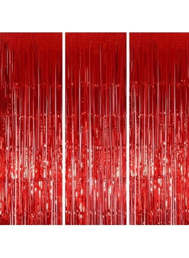 عبوة من 3 قطع من ستائر الشراشيب المعدنية اللامعة، مقاس 200×100 سم، لون أحمر - Image 1