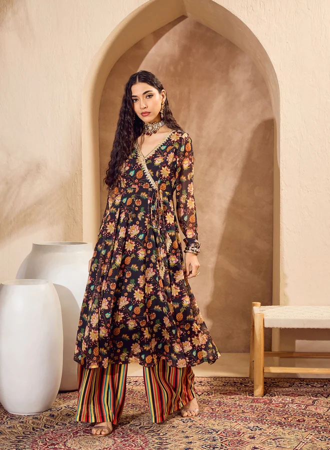 SASSAFRAS Sassafras Black Floral Wrap Anarkali Kurta and Palazzo Pants Set