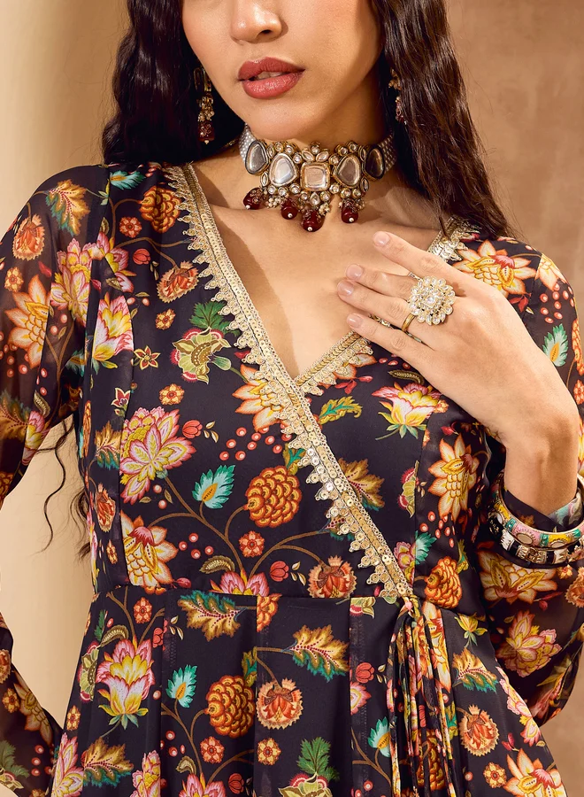 SASSAFRAS Sassafras Black Floral Wrap Anarkali Kurta and Palazzo Pants Set