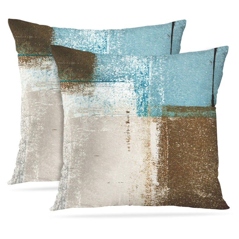 Britimes Britimes Throw Pillow Covers Home Decor Set of 2 Pillow Cases Decorative 20 x 20 Inches Outdoor Cushion Couch Sofa Pillowcases Beige Blue  - Image 1