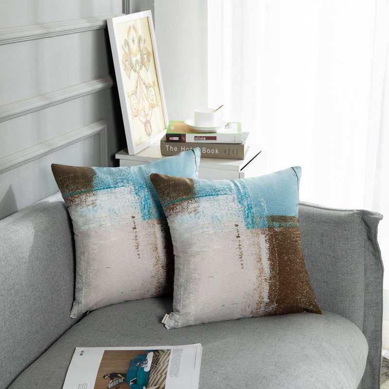 Britimes Britimes Throw Pillow Covers Home Decor Set of 2 Pillow Cases Decorative 20 x 20 Inches Outdoor Cushion Couch Sofa Pillowcases Beige Blue  - Image 5