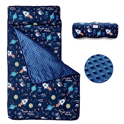 beeweed Toddler Nap Mat, Rollup Design Kid Sleeping Mat with Removable Pillow & Minky Blanket, Toddler Sleeping Bag for Daycare Preschool Travel Camping, Space Ship - Image 1