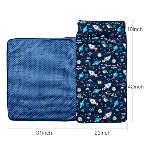 beeweed Toddler Nap Mat, Rollup Design Kid Sleeping Mat with Removable Pillow & Minky Blanket, Toddler Sleeping Bag for Daycare Preschool Travel Camping, Space Ship - Image 4