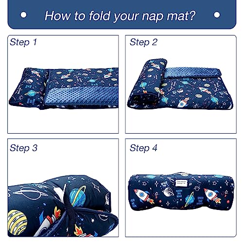 beeweed Toddler Nap Mat, Rollup Design Kid Sleeping Mat with Removable Pillow & Minky Blanket, Toddler Sleeping Bag for Daycare Preschool Travel Camping, Space Ship - Image 5