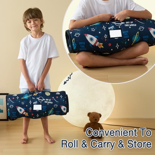 beeweed Toddler Nap Mat, Rollup Design Kid Sleeping Mat with Removable Pillow & Minky Blanket, Toddler Sleeping Bag for Daycare Preschool Travel Camping, Space Ship - Image 3