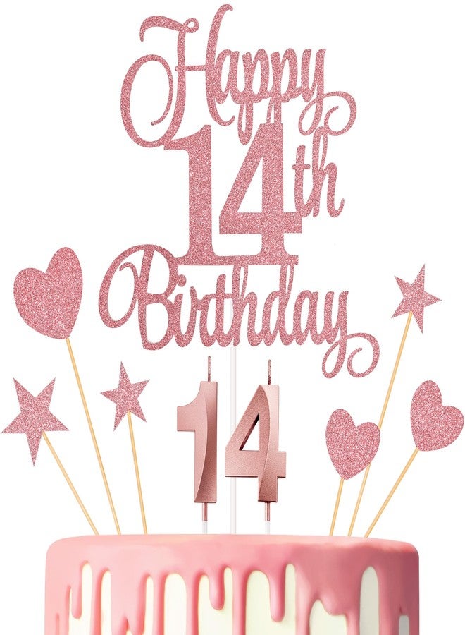 Lecferrarc 14th Birthday Cake Decorations, 14th Birthday Candles Cake Numeral Candles and Glitter Happy 14th Birthday Cake Toppers Set for Birthday Party Supplies (Rose Gold) - Image 1