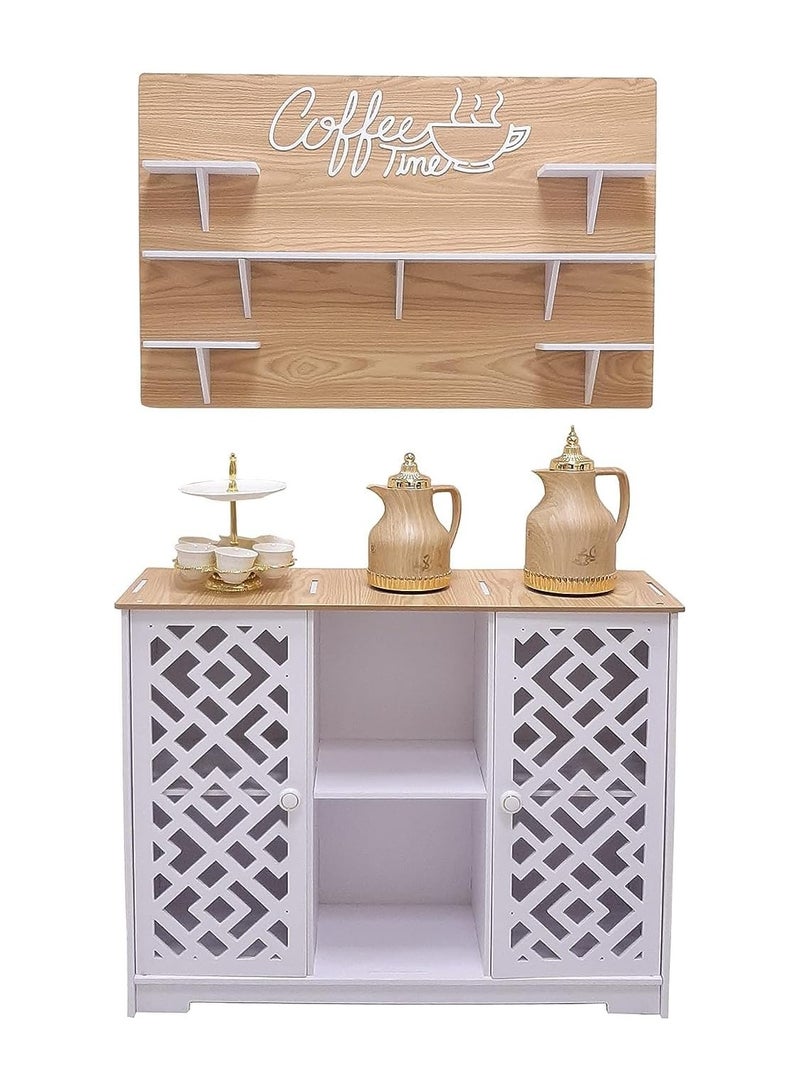 TPGP White and Wooden Coffee Corner with Hanging Shelves and Lower Cabinet for Storage - Image 1