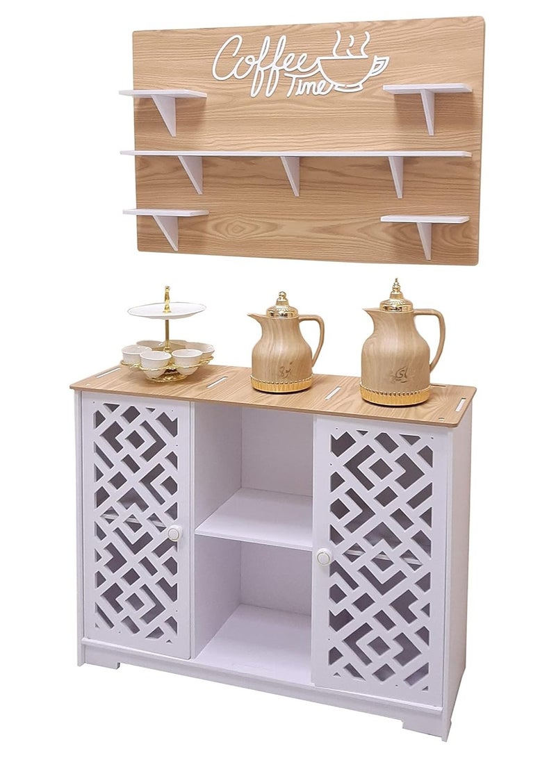 TPGP White and Wooden Coffee Corner with Hanging Shelves and Lower Cabinet for Storage - Image 3