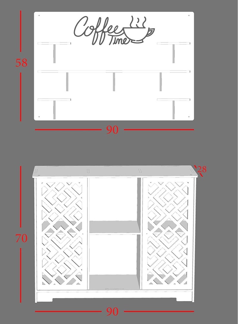 TPGP White and Wooden Coffee Corner with Hanging Shelves and Lower Cabinet for Storage - Image 4