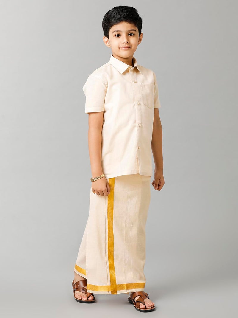 RAMRAJ COTTON رامراج بويز تِشيو جاري هاف سليف شيرت دهوتي سيت سانكالبام جولد(9-10 Years) - Image 2