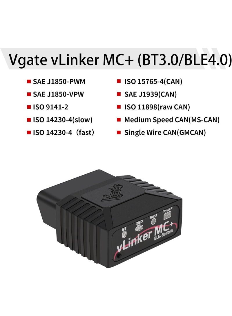 Vgate vLinker MC+ (BT3.0/BLE4.0) OBD2 Scanner Code Reader Diagnostic Scan Tool for Android & iOS & Windows, Black - Image 2
