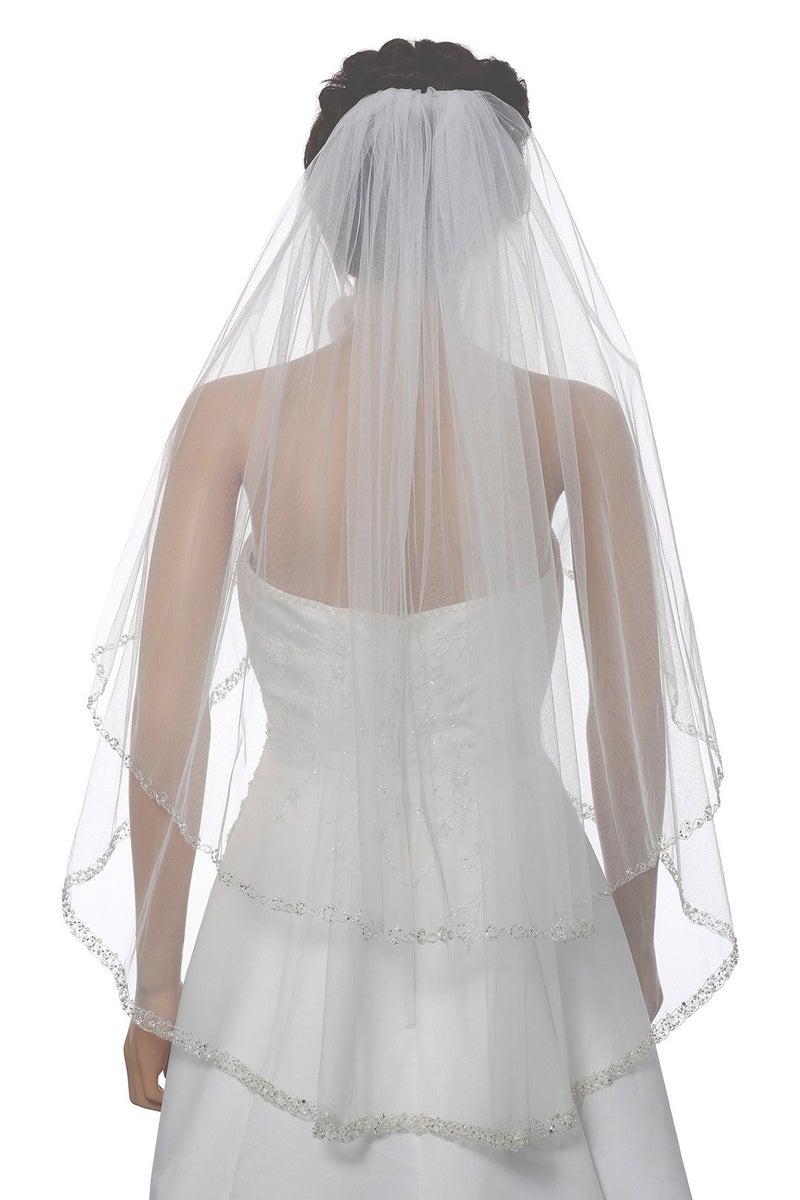 SAMKY 2T 2 Tier Dual Edge Embroided Pearl Crystal Beaded Veil - White Fingertip Length 36" V452 - Image 1