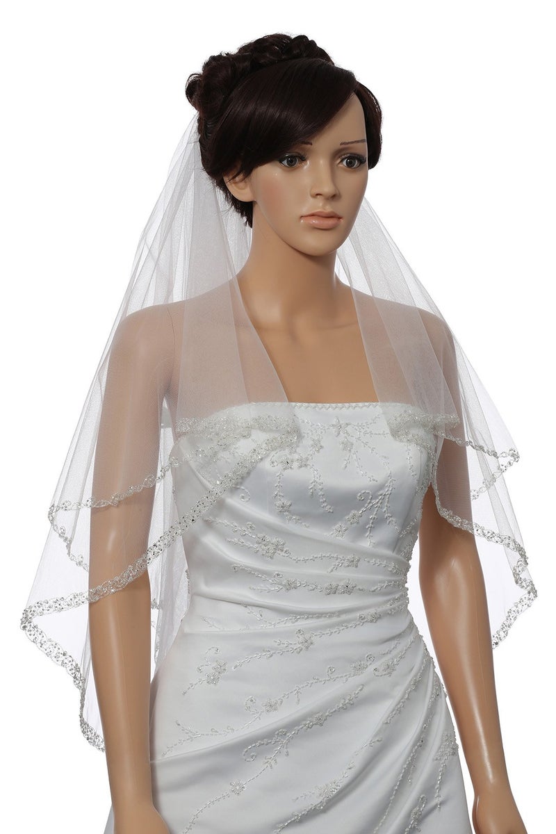 SAMKY 2T 2 Tier Dual Edge Embroided Pearl Crystal Beaded Veil - White Fingertip Length 36" V452 - Image 2