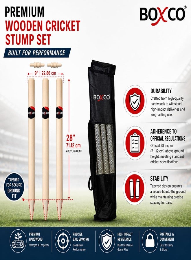 Boxco Cricket Stump Set with 3 Wooden Wickets, 2 Bails & Carry Cover Regular Size for Practice, Gully Cricket & Training - Image 3