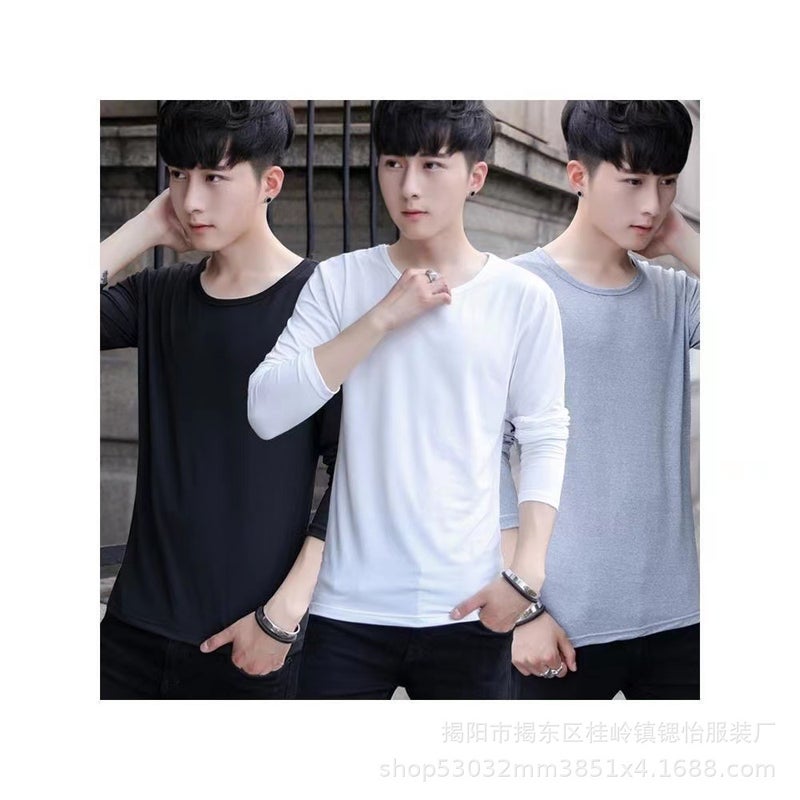 Autumn and Winter solid color fleece-lined inner wear men's round neck long sleeve t-shirt shirt trendy bottoming shirt T-shirt long sleeve wholesale - Image 4