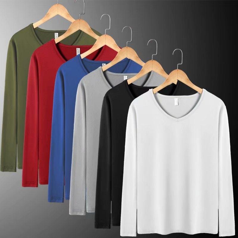 Autumn and Winter solid color fleece-lined inner wear men's round neck long sleeve t-shirt shirt trendy bottoming shirt T-shirt long sleeve wholesale - Image 2