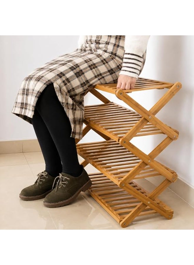 Sturdy bamboo shoe rack, four-shelf foldable storage shelf, large capacity, ideal organizer for entryway, closet, bedroom, living room, bathroom, space saver, versatile portable shelf, no assembly required - Image 2