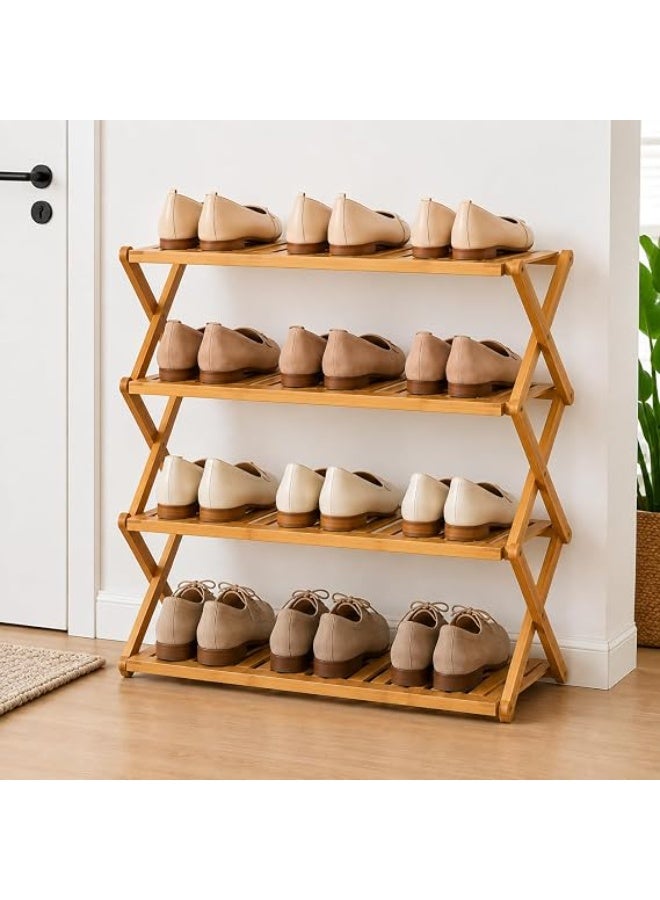 Sturdy bamboo shoe rack, four-shelf foldable storage shelf, large capacity, ideal organizer for entryway, closet, bedroom, living room, bathroom, space saver, versatile portable shelf, no assembly required - Image 1