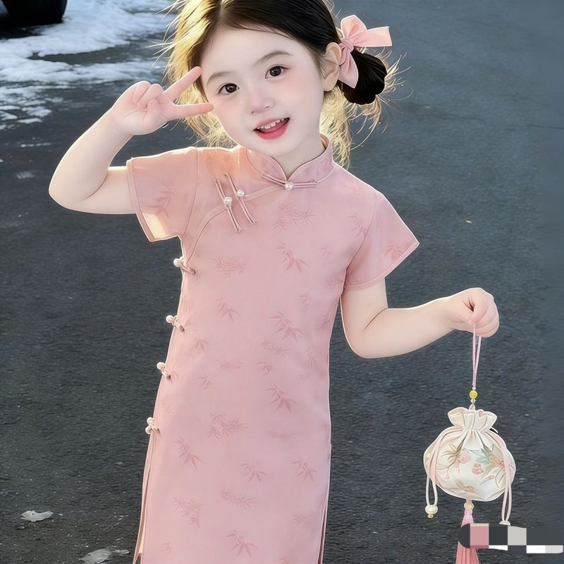Girls'' Pink Cheongsam Dress, New Summer Style, Children''s New Chinese-Style Dress, for Older Children and Little Girls, National Style Summer - Image 3