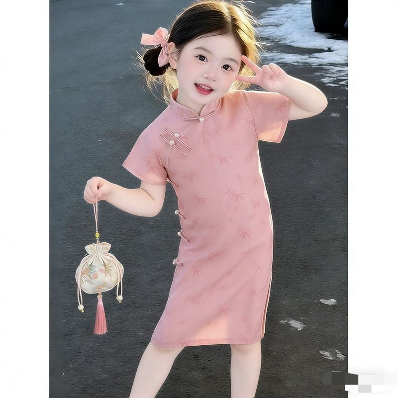 Girls'' Pink Cheongsam Dress, New Summer Style, Children''s New Chinese-Style Dress, for Older Children and Little Girls, National Style Summer - Image 2