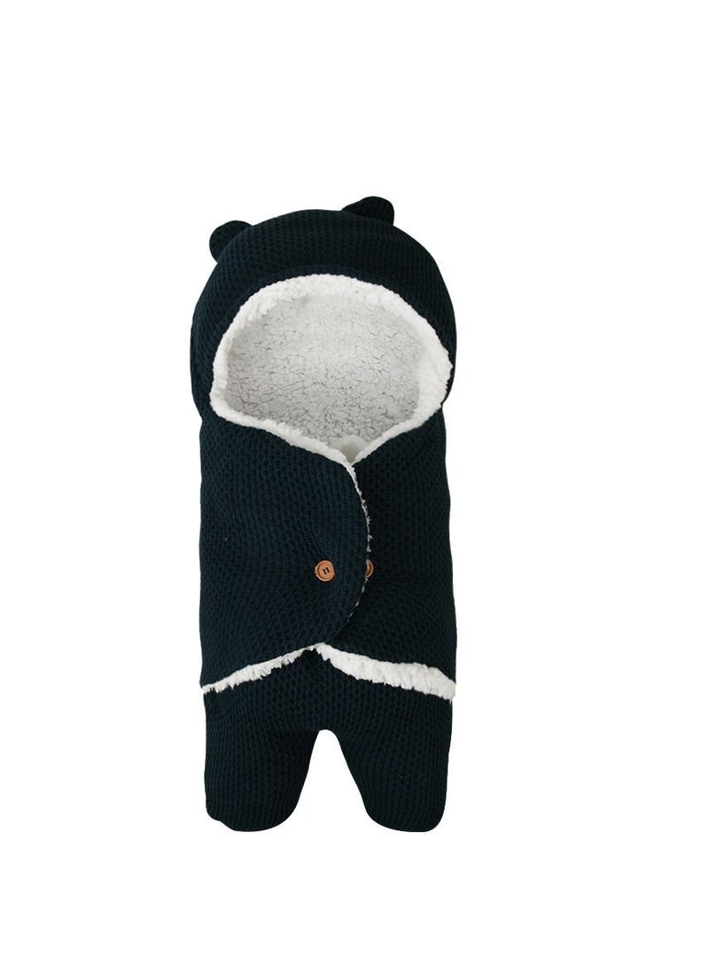Y&D Baby Cute Hooded Swaddle Storage Blanket Acrylic Outer Sherpa Inner Sherpa Stroller Crib Sleeping Bag Bag for Newborn Baby Boy Girl (Dark Blue)  - Image 2