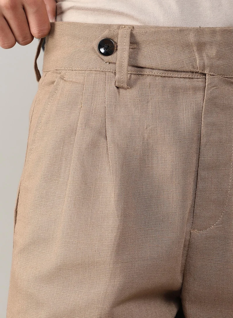 كامبوس سوترا Men's Camel Brown Tailored Linen-Blend Trousers