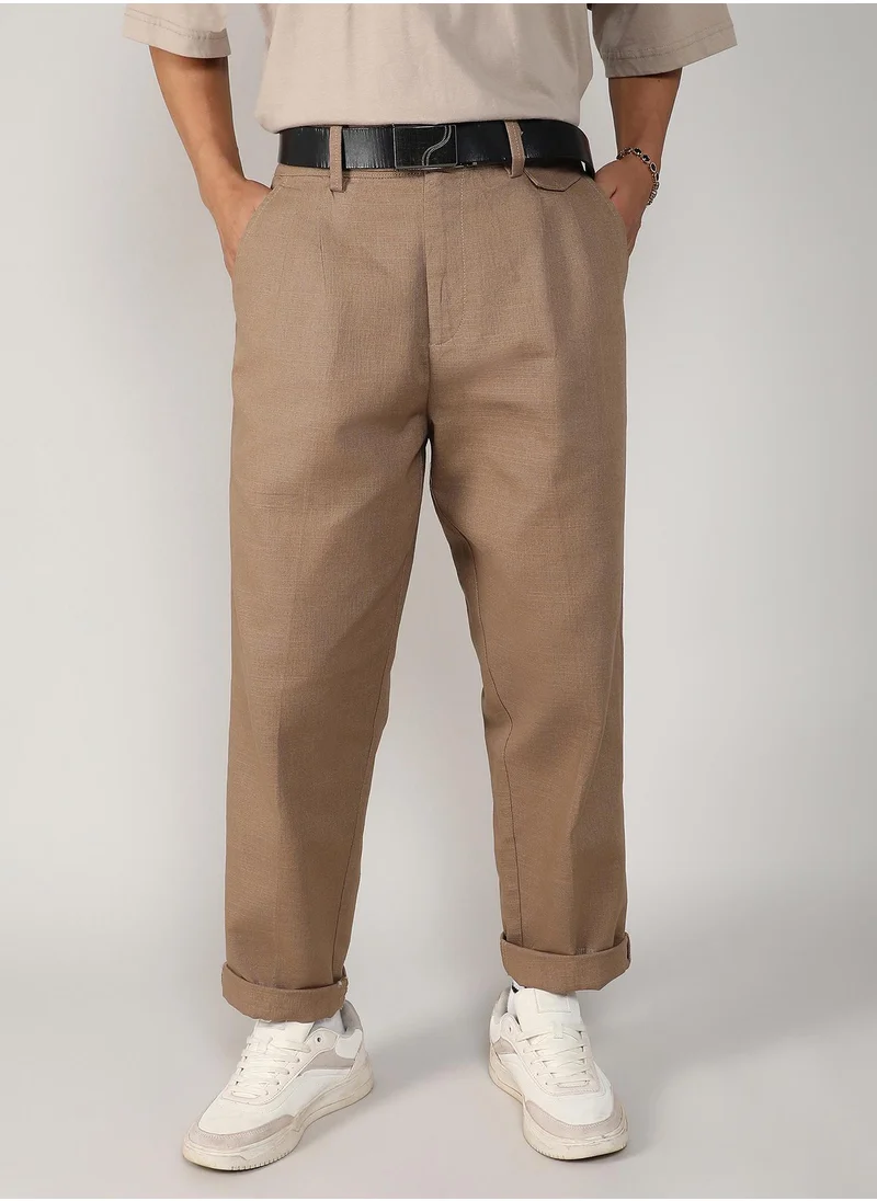 Campus Sutra Men's Camel Brown Tailored Linen-Blend Trousers