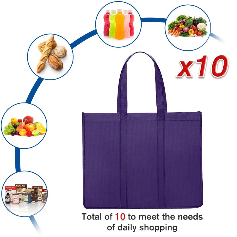 WISELIFE Reusable Grocery Shopping Bags 10 Pack Large Foldable Tote Bags Bulk  Eco Produce Bags with Long Handle for Shopping Groceries Clothes (Purple) - Image 3